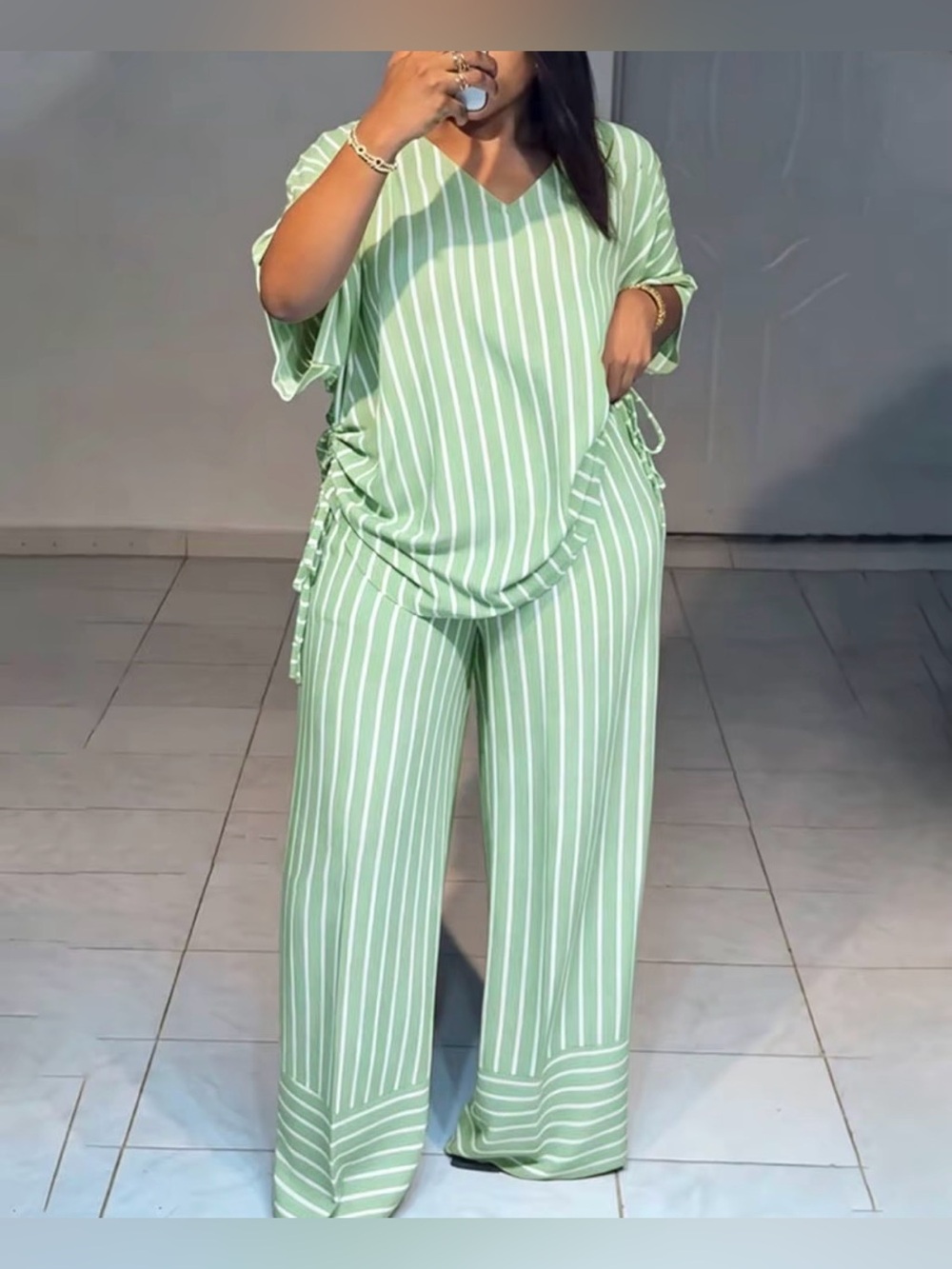 Women’s 2 piece Wide-Leg Striped Pants Set in Mint Green